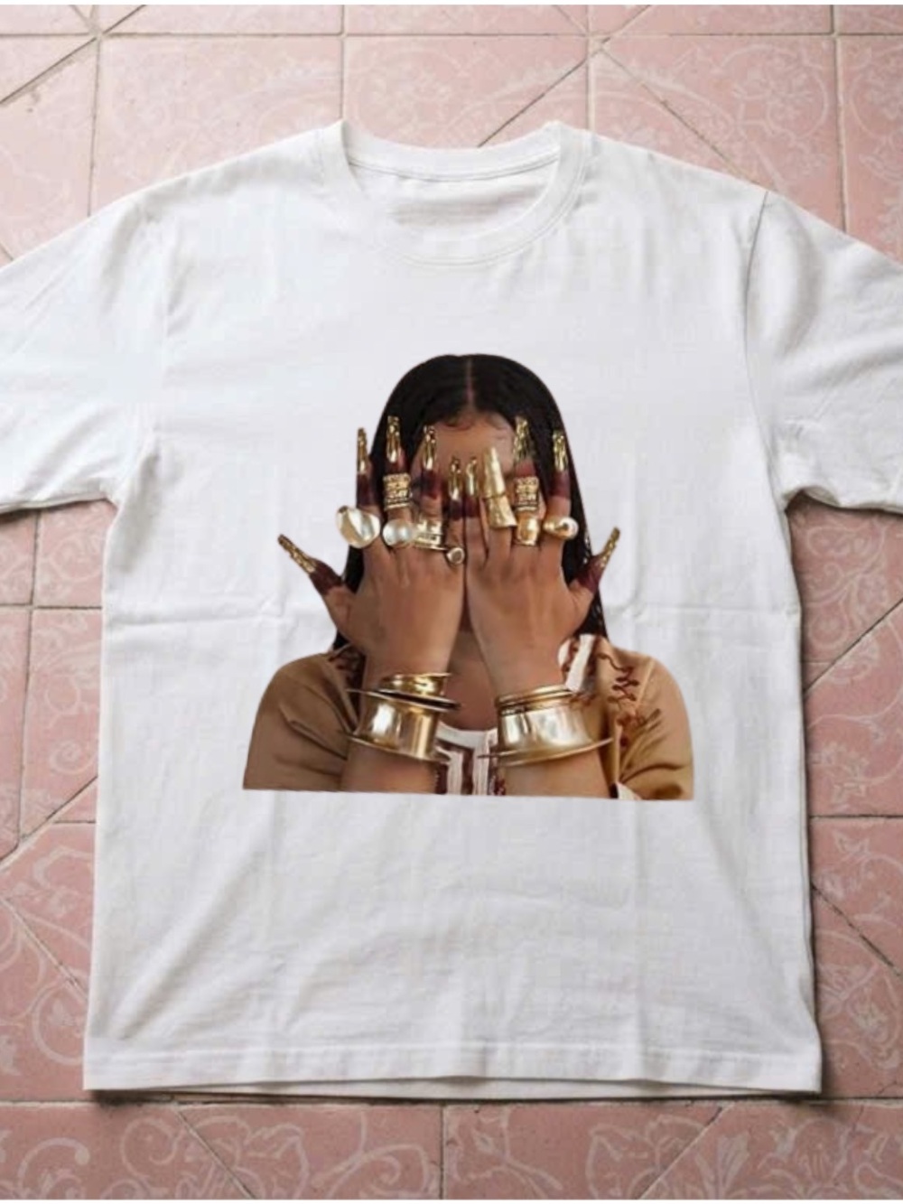 Gildan White Tee with Gold Jewelry Graphic